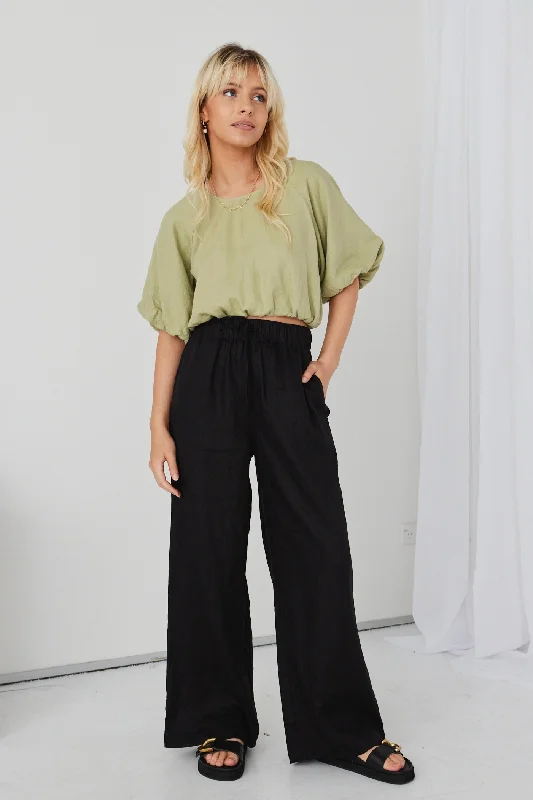 Stretch twill pants for flexible office comfort -Resort Black Linen Wide Leg Elastic Waist Pant