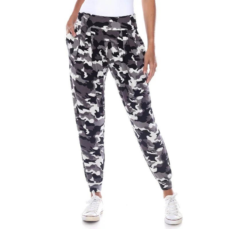 High-rise flare pants for vintage chic appeal -White Mark Women's Camo Harem Pants