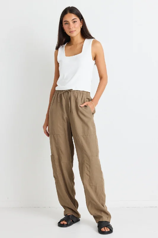 Designer skinny pants for luxury fashion flair -Memoir Khaki Soft Drape Cargo Pants