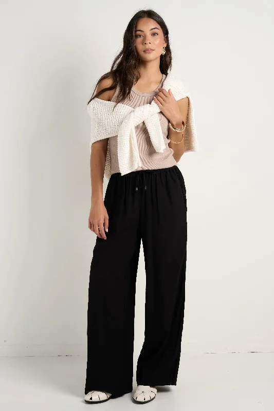 Affordable denim pants for everyday rugged use -Townie Onyx Velvet Stripe Side Wide Leg Pants