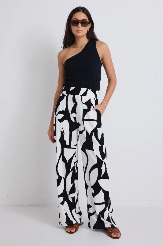 Durable denim pants for long-lasting everyday use -Metropolitan Black White Cutout Print Wide Leg Pants