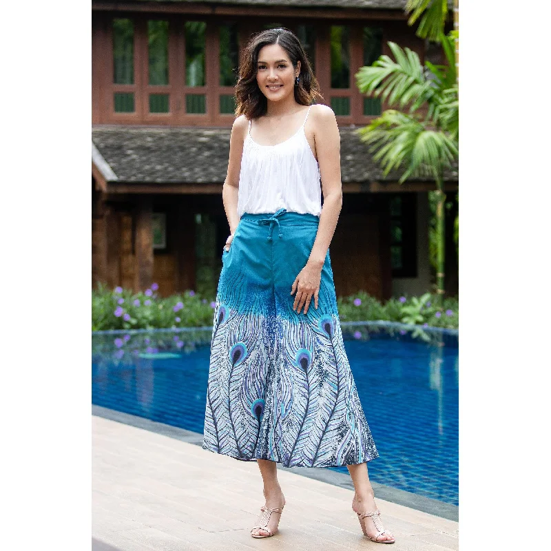 Lightweight travel pants with wrinkle-free fabric -Novica Handmade Peacock Passion In Blue Cotton Wide-Leg Cropped Pants