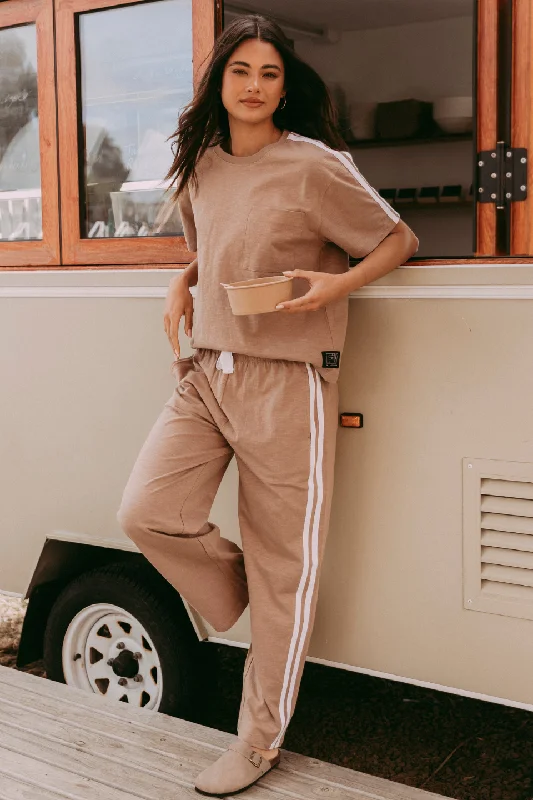 Retro bell-bottom pants for 70s-inspired fashion -Power Mocha Leisure Double Stripe Pant