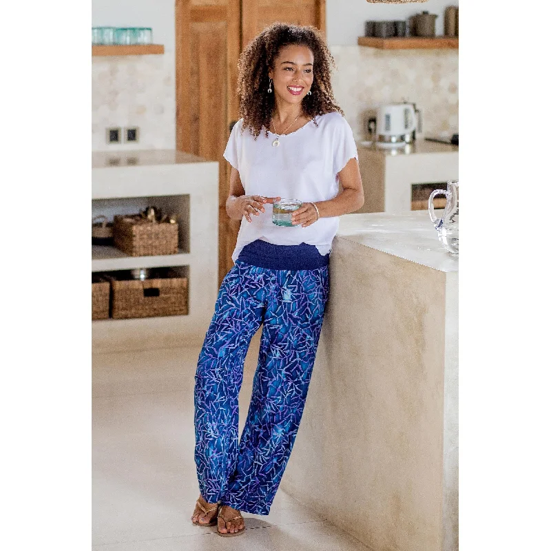 Eco-friendly hemp pants for sustainable clothing choices -Novica Handmade Bali Seaweed Batik Rayon Yoga Pants