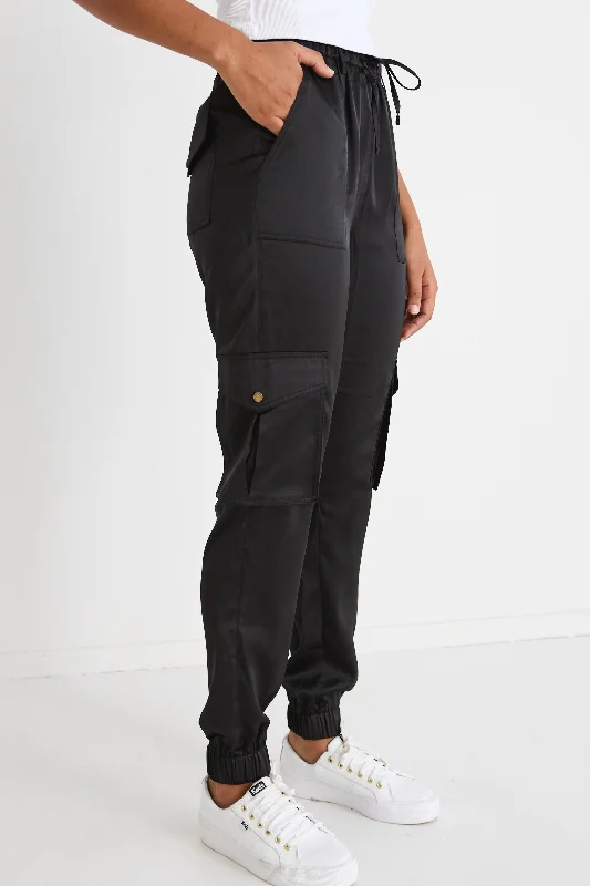 Stylish flare pants for retro party looks -Rival Black Satin Cargo Jogger