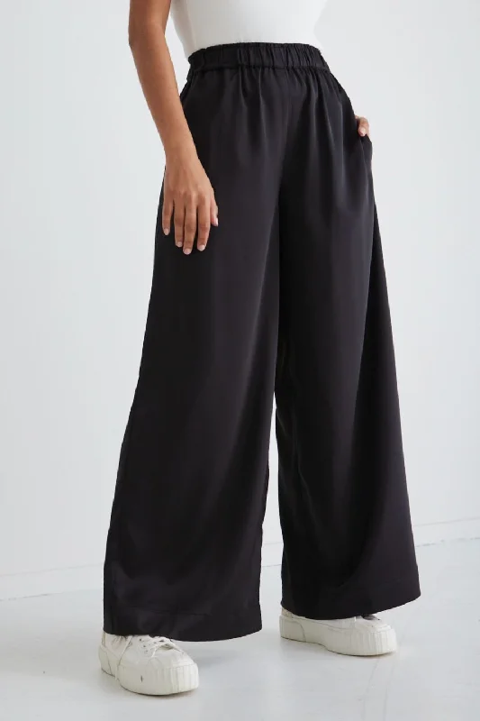 Classic straight-leg pants for versatile daily wear -Luxury Black Satin Wide Leg Pants