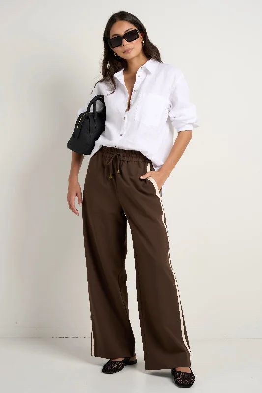 Stretchy skinny pants for figure-hugging appeal -Townie Chocolate Stripe Side Tape Wide Leg Pants