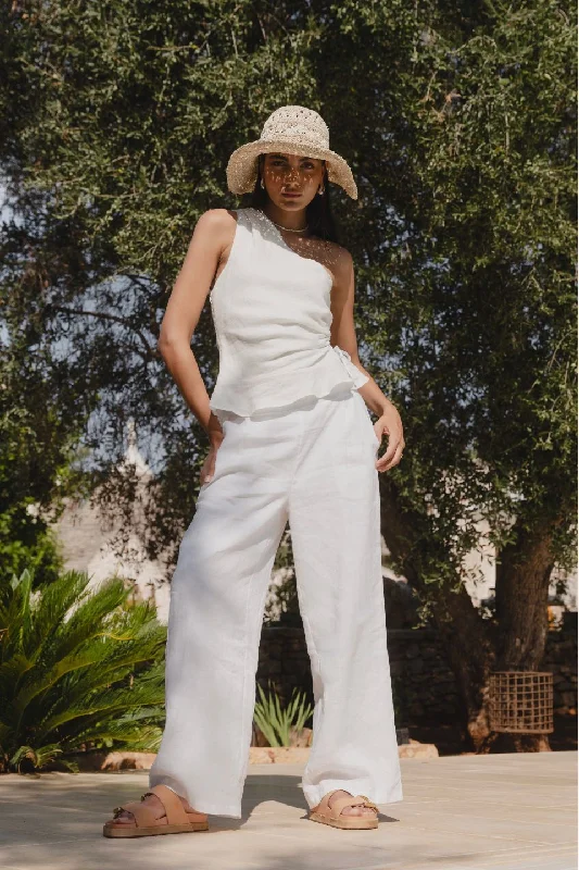 Stylish flare pants for retro party looks -Guardian White Linen Viscose Pleat Front Wide Leg Pant