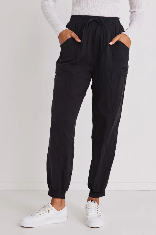 Stretch twill pants for flexible office comfort -New Warrior Black Relaxed Drapey Drawstring Stretch Cuff Pant