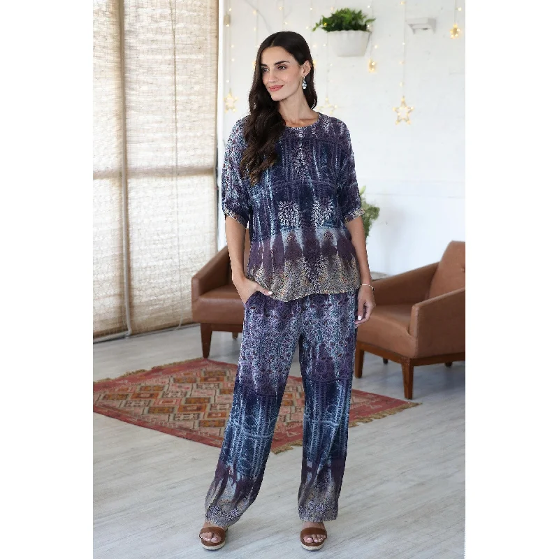 Slim-fit dress pants for sharp evening events -Novica Handmade Jaipur Twilight Embroidered Viscose Pants