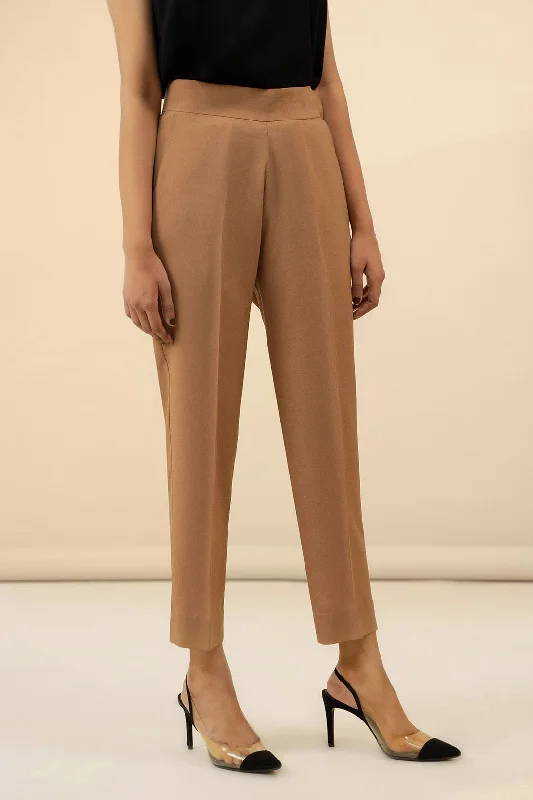 Adjustable waist pants for custom fit ease -Camel Crepe Pants