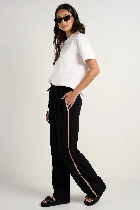 Flowy culottes pants for breezy summer style -Confidant Black Side Stripe Crepe Wide Pants