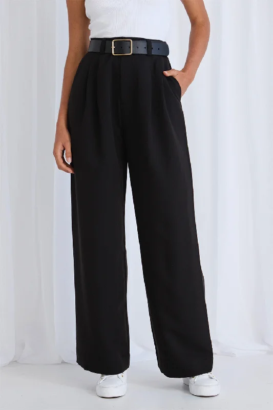 Lightweight travel pants for long flight comfort -Vice Black Pleat Front Manstyle Wide Leg Pant