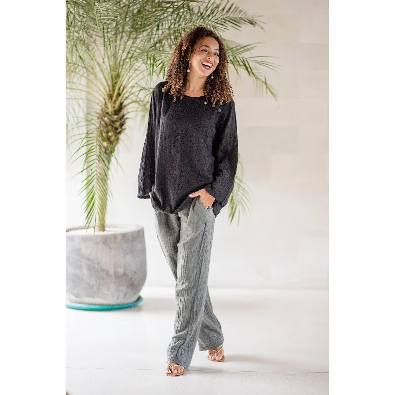 Retro bell-bottom pants for 70s-inspired fashion -Novica Handmade Cool Classic In Grey Cotton Pants