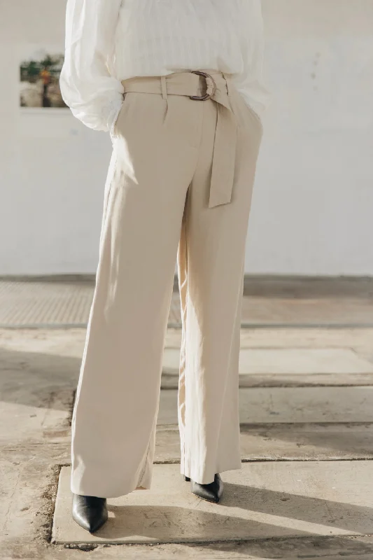 Casual khaki pants for weekend errand runs -Fearless Sand Dune Pleat Front High Waist Belted Wide Leg Pant