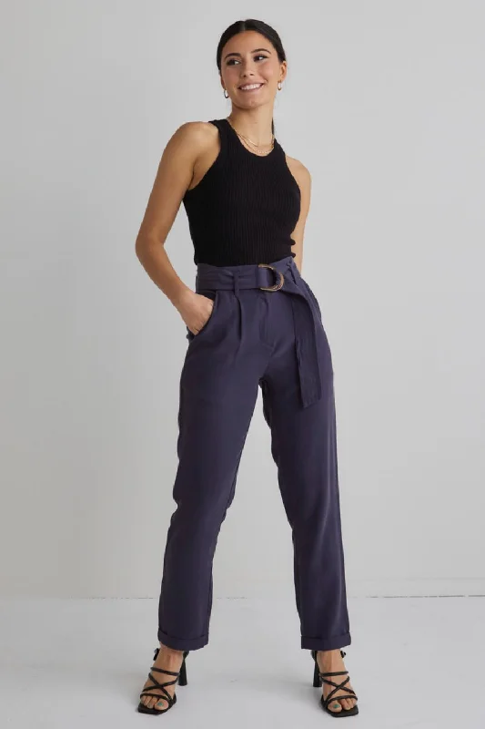 Stretchy skinny pants for figure-hugging appeal -Pierre Navy Soft Viscose Tapered Leg Belted Pant