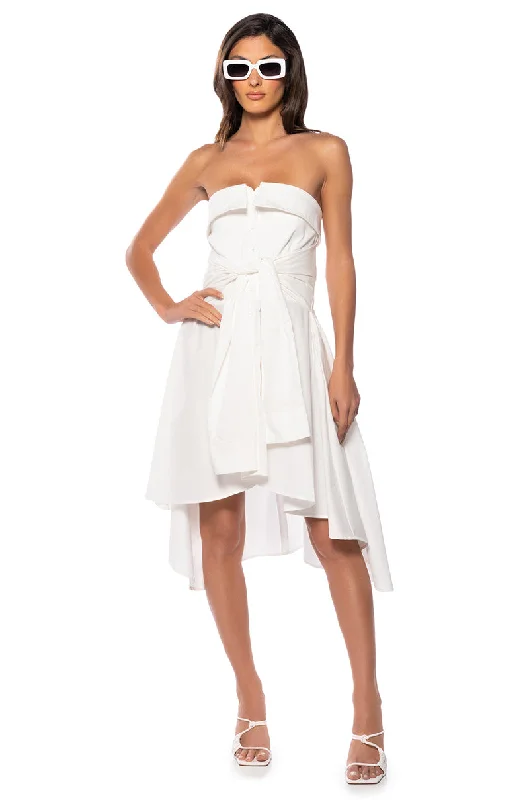 Mini Dresses for Mother's Day -FLORA STRAPLESS TIE WAIST POPLIN MINI DRESS