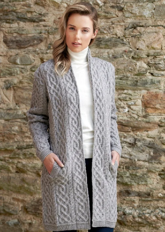 Embellished velvet jacket with brocade patterns for formal occasions -Aran Crafts Celtic Braid Edge To Edge Coat | Grey