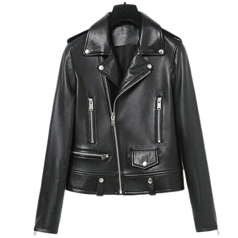 Distressed leather jacket with studded shoulders for edgy streetwear -Women's Soft Vintage Zipper Coat Spring Autumn Leather Motorcycle Jacket