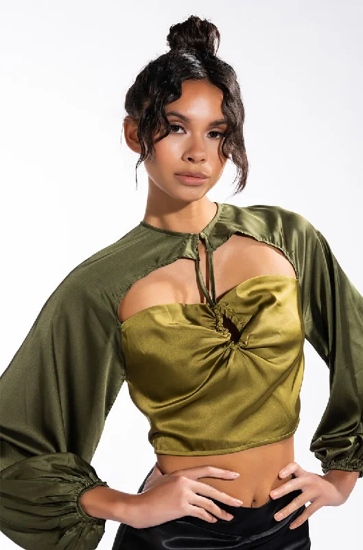 SEEING GREEN BLOUSON SLEEVE CUTOUT SATIN BLOUSE