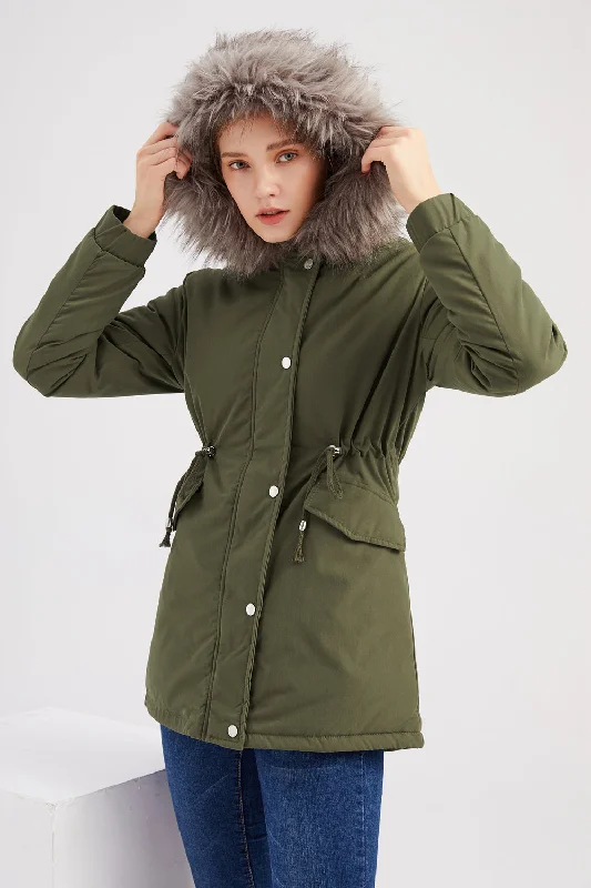 Cashmere blend wrap coat for luxurious winter warmth -Army Green Mid-Length Hooded Winter Warm Plus Fleece Coat