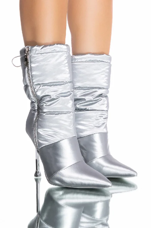 AZALEA WANG GRETCHEN STILETTO PUFFER BOOTIE IN SILVER