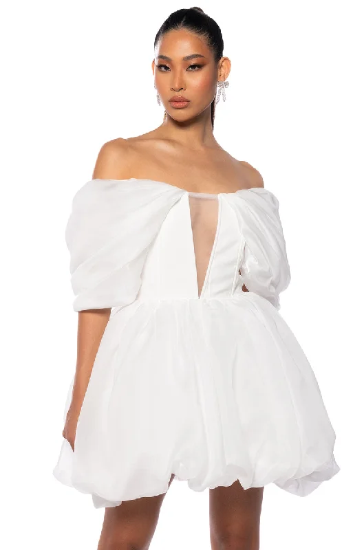 Geometric Mini Dresses for Modern Design -GIA OFF THE SHOULDER PUFF SLEEVE MINI DRESS