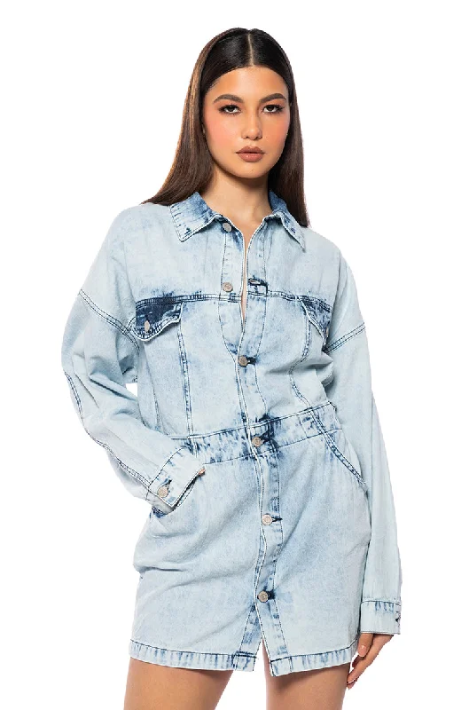 Mini Dresses for Indoor Gatherings -RYDER BUTTON FRONT DENIM MINI DRESS