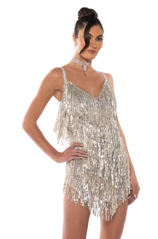 Mini Dresses for Christmas Parties -SHOW UP FRINGE MINI DRESS IN SILVER