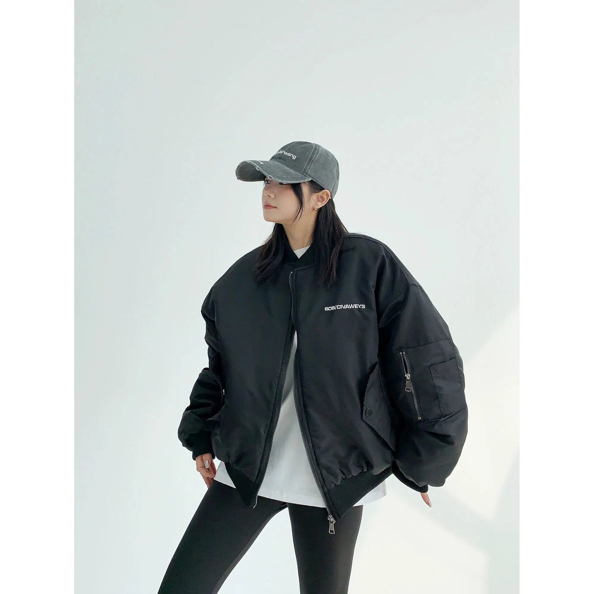 Fleece jacket with kangaroo pocket for casual comfort -Zipper Pockets Oversized Bomber Coat