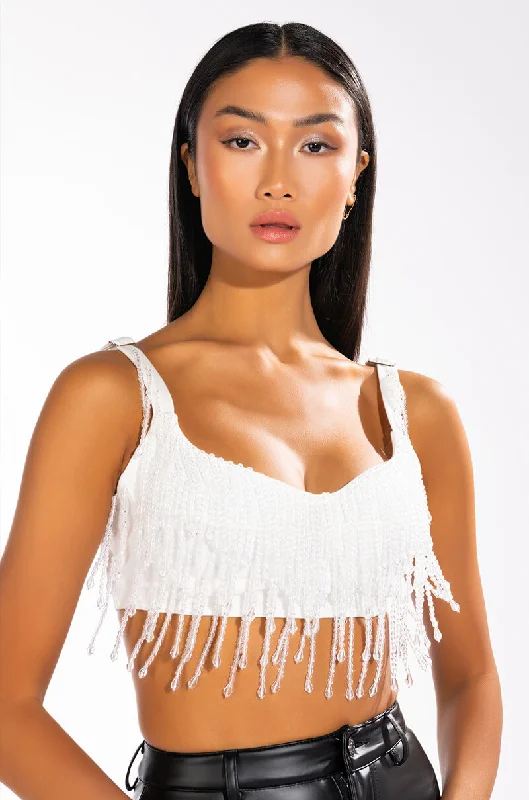 CHA CHA SLIDE STRAPLESS BEADED CROP TOP