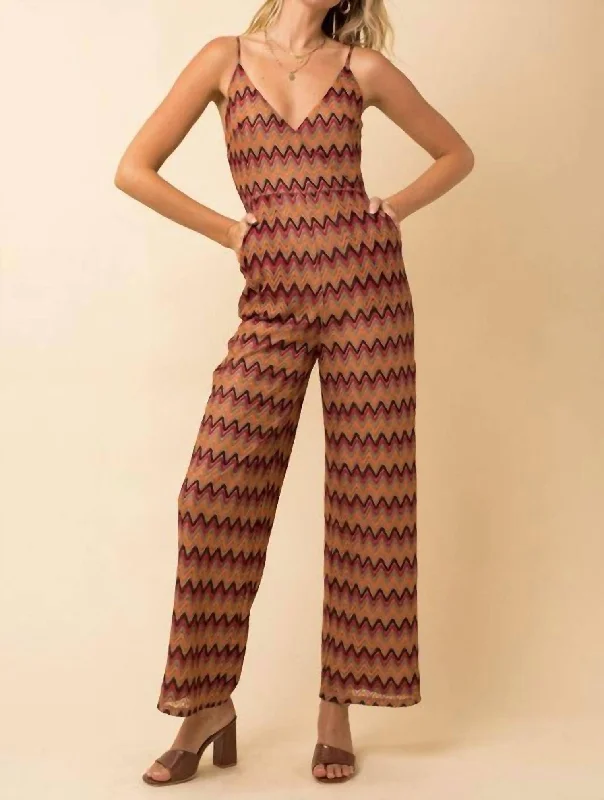 Wool blend tight trousers for women with soft, breathable fabric for year-round wear -Crochet Chevron Jumpsuit In Multi