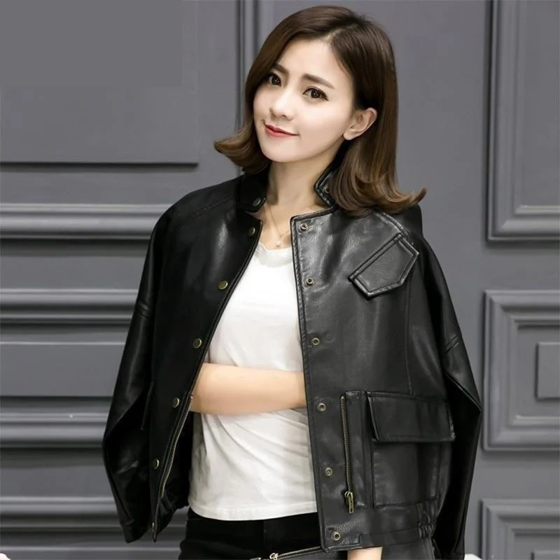 Embroidered denim jacket with geometric patterns for modern styles -Spring Autumn Synthetic Leather Women's Baseball Jacket Loose Motorcycle Coat