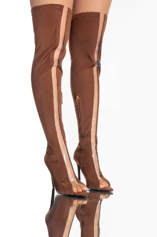 AZALEA WANG EMORY THIGH HIGH STILETTO BOOT IN BROWN STRETCH