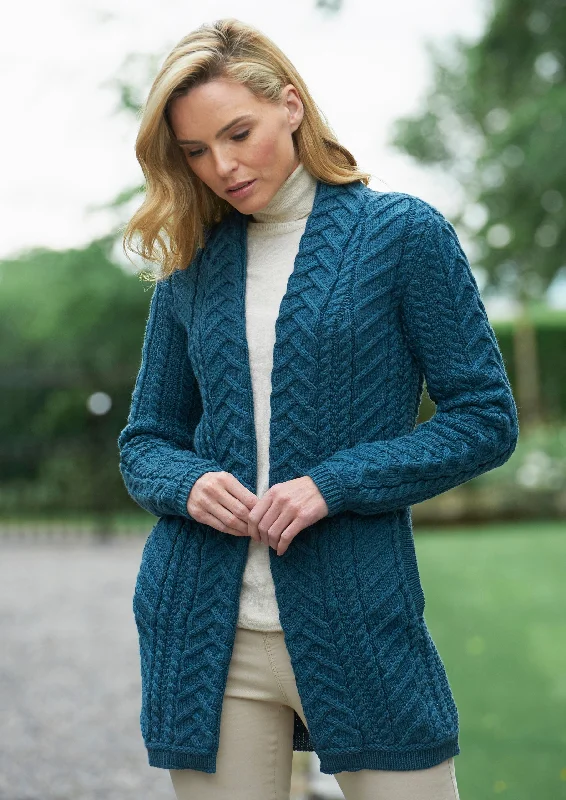 Quilted satin jacket with Mandarin collar for oriental designs -Aran Crafts Bandon Coat | Teal