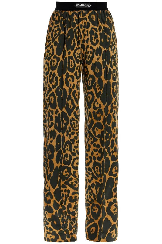 Versatile tight trousers for women with fold-over waist for adjustable comfort -Tom Ford Women's Wide Leg Leopard Print Silk Pants In Camel And