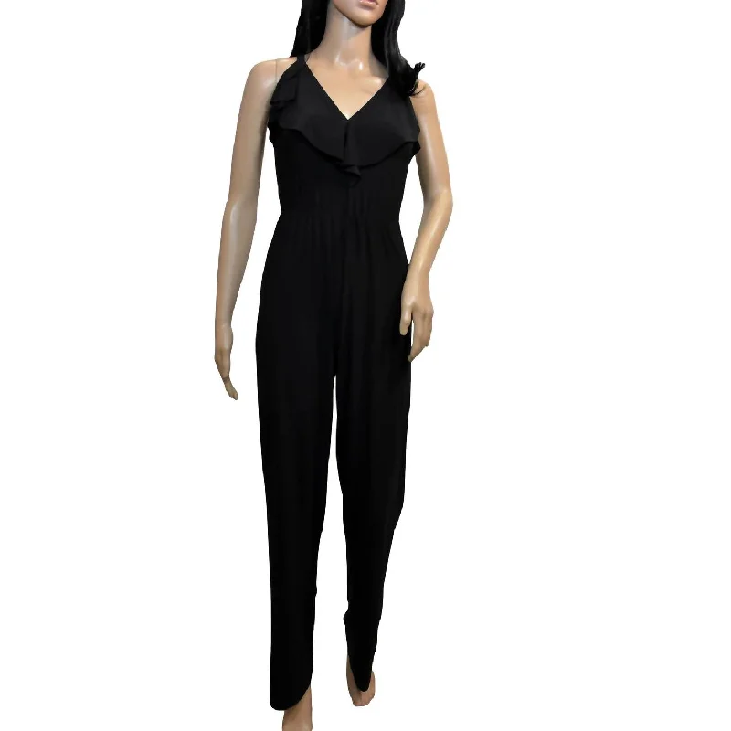 Soft fabric tight trousers for women with breathable material for year-round wear -Ruffle Jumpsuit In Black