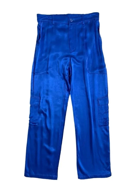 Skinny fit tight trousers for women with minimalistic design for clean look -Women's Satin Cargo Pants In Blue