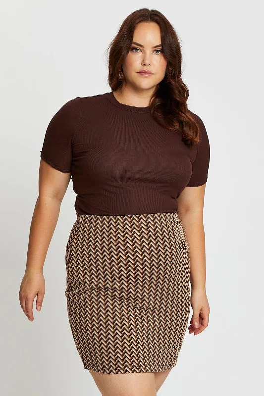 Wrap Mini Dresses for Adjustable Fit -Brown Zig Zag Print Mini Skirt