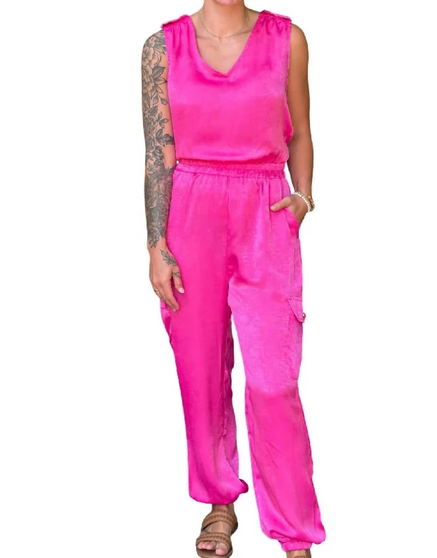 Stylish tight trousers for men with tapered leg and contemporary look -Satin Tapped Cargo Jumpsuit In Hot Pink