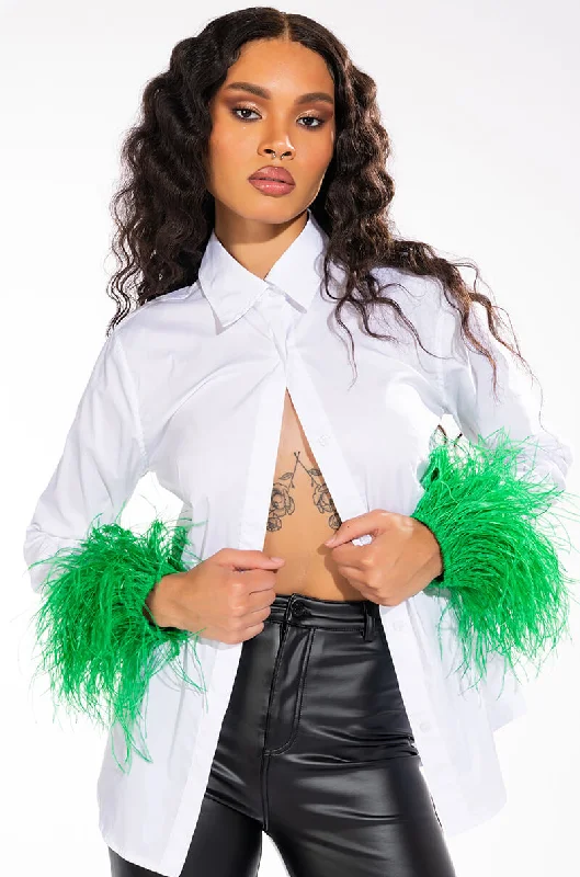 IM A FLIRT OSTRICH FEATHER BUTTON DOWN BLOUSE