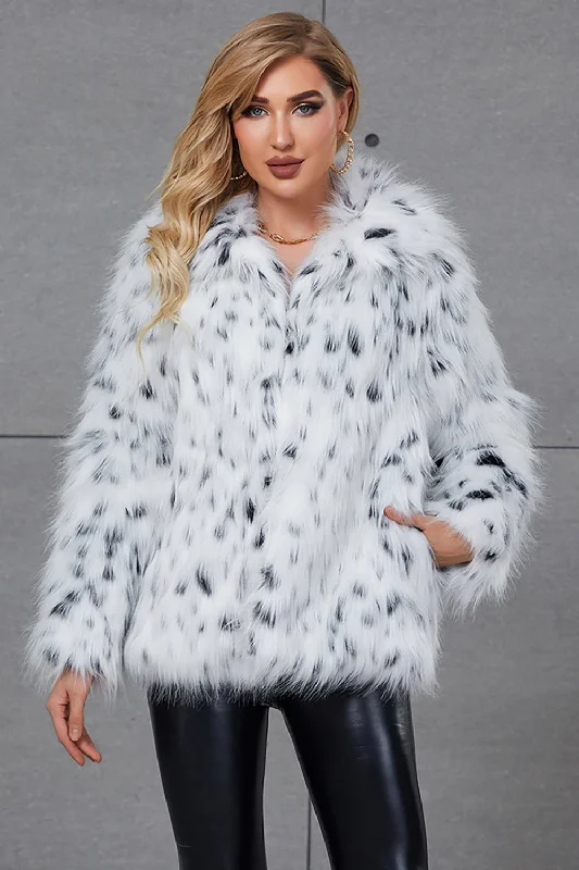 Lightweight windbreaker with mesh lining for summer cycling -White Leopard Print Lapel Neck Faux Fur Women Coat