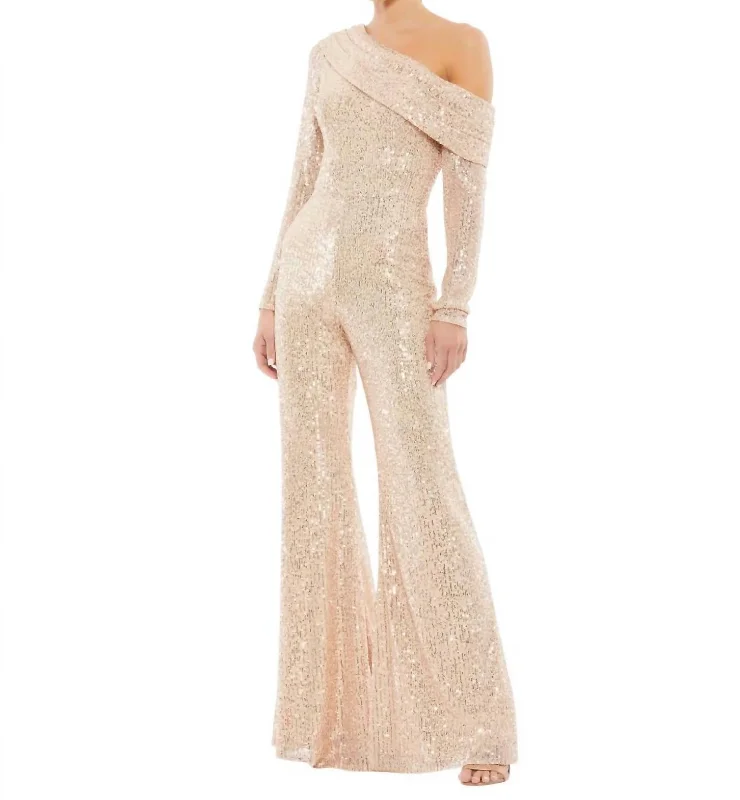 Tight office trousers for women with professional cut and flattering fit -Off Shoulder Sequin Flared Jumpsuit In Rose Gold