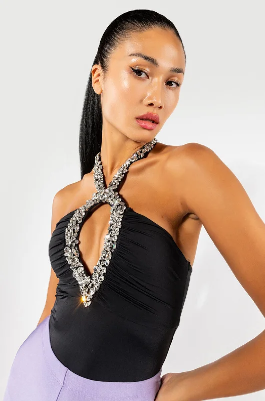 SENSATION RHINESTONE CUTOUT HALTER BODYSUIT