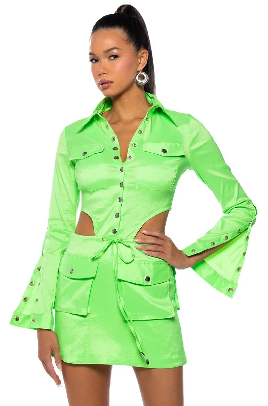 Mini Dresses for Mother's Day -ARIELLE OPEN BACK CARGO MINI DRESS IN LIME