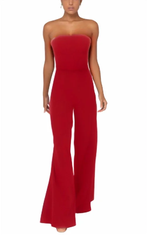 Casual tight trousers for women with cotton blend fabric for easy everyday wear -Strapless Crepe Wide Leg Jumpsuit In Bright Red