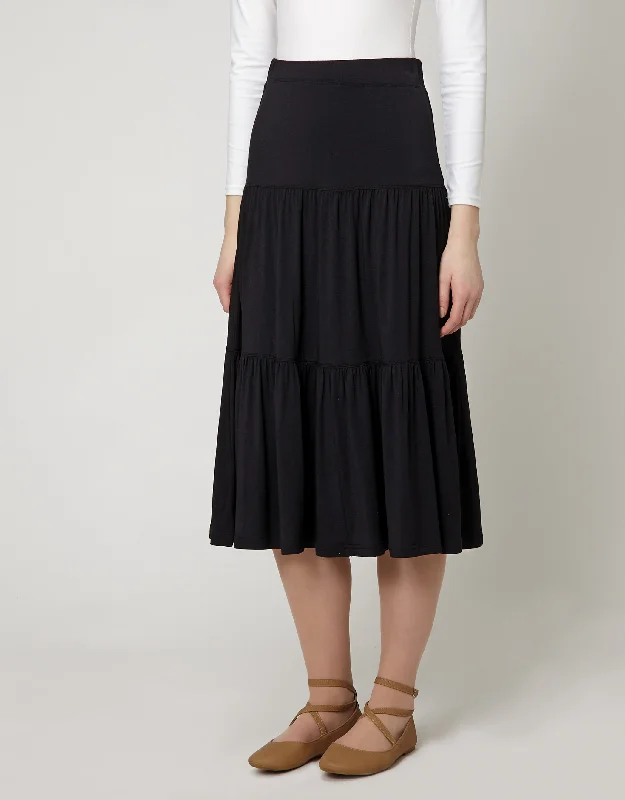 Mini Dresses for Maternity Wear -29" Modal Tiered Skirt with Covered Elastic Waistband Black