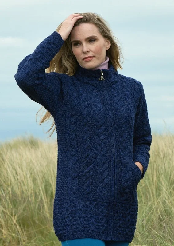 Fleece jacket with thumbholes for cold weather activities -Aran Crafts Cork Long Zip Coat | Blue