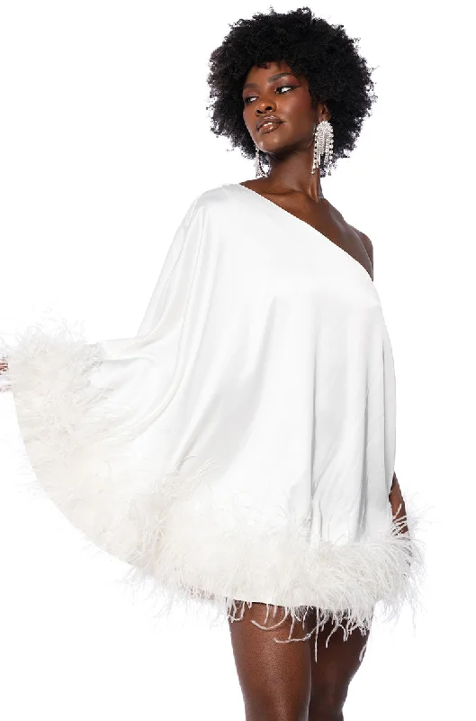 Velvet Mini Dresses for Rich Texture -ISNT IT LOVELY ONE SHOULDER FEATHER HEM MINI DRESS IN WHITE