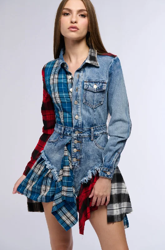 Mini Dresses with Belt for Defined Waist -PATCHWORK PLAID DENIM MINI DRESS